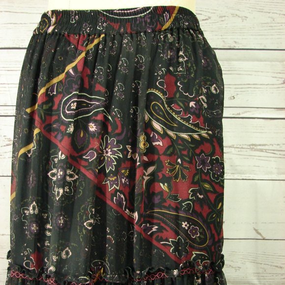 Black Deep Red Yellow Floral Flowing Layered Skirt - Picture 5 of 16